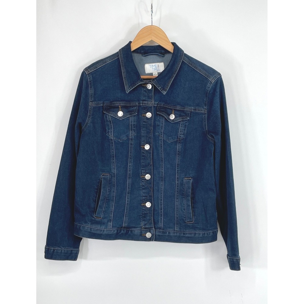 Time and Tru Womens Denim Jacket L 12-14 Trucker Blue Dark Wash Western Cowboy